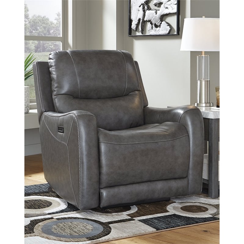 Ashley Furniture Galahad Faux Leather Recliner Chair w/Power Headrest in Smoke