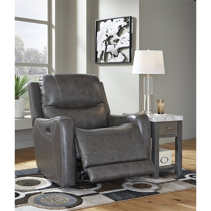 Ashley Furniture Galahad Faux Leather Recliner Chair w/Power Headrest in Smoke