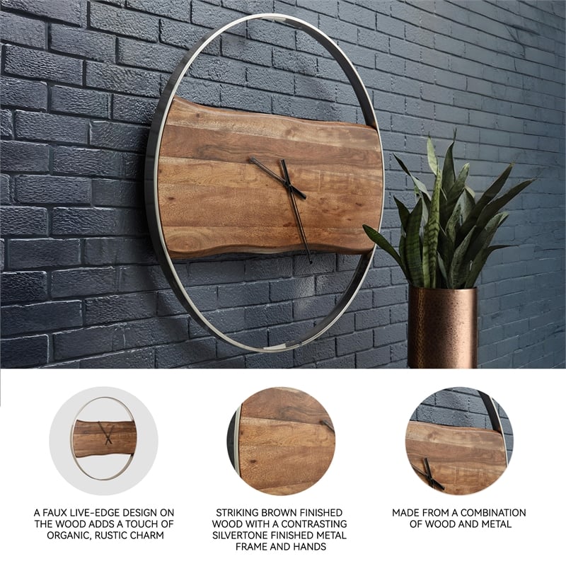 Signature Design by Ashley Panchali Wood Wall Clock in Brown & Silver