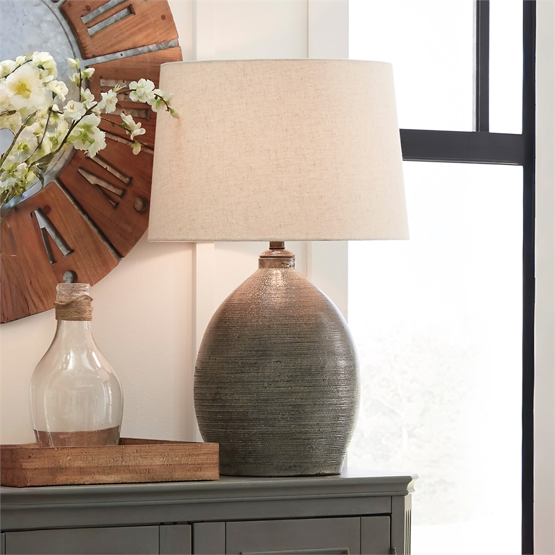 Signature Design by Ashley Joyelle Single Ceramic Table Lamp in Gray Terracotta