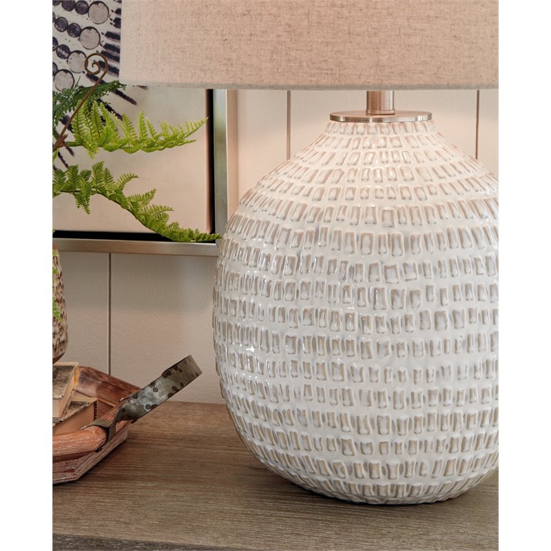 Signature Design by Ashley Jamon Single Ceramic Table Lamp in White & Beige