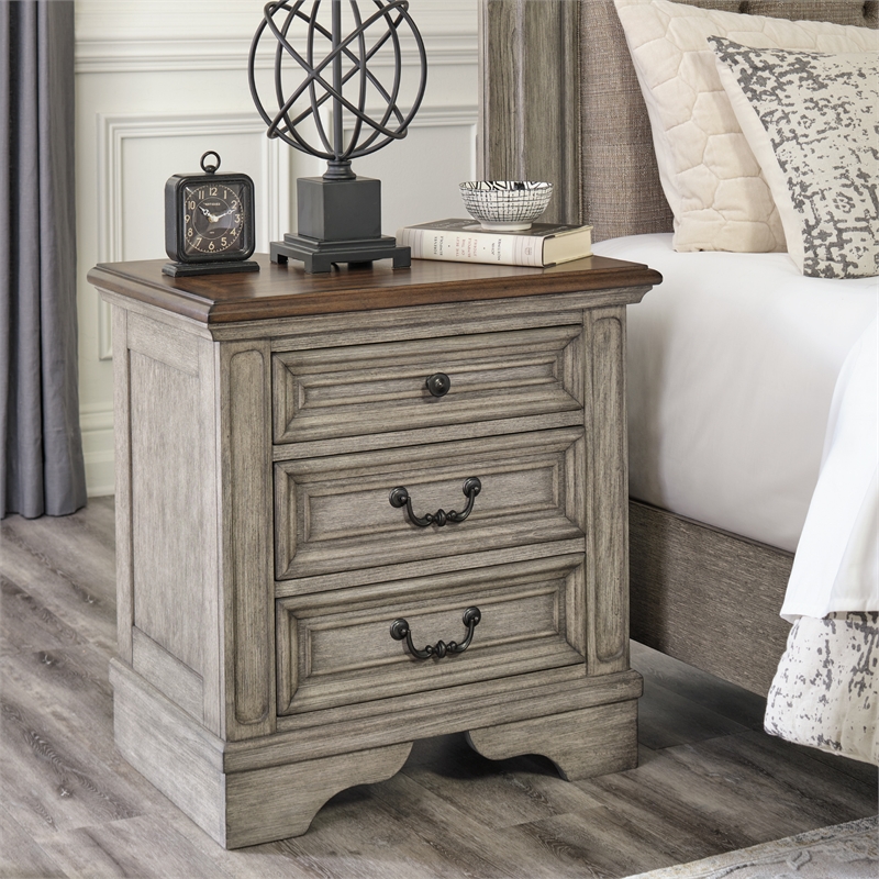 Ashley Furniture Lodenbay 3-Drawer Wood Nightstand in Antiqued Gray & Brown