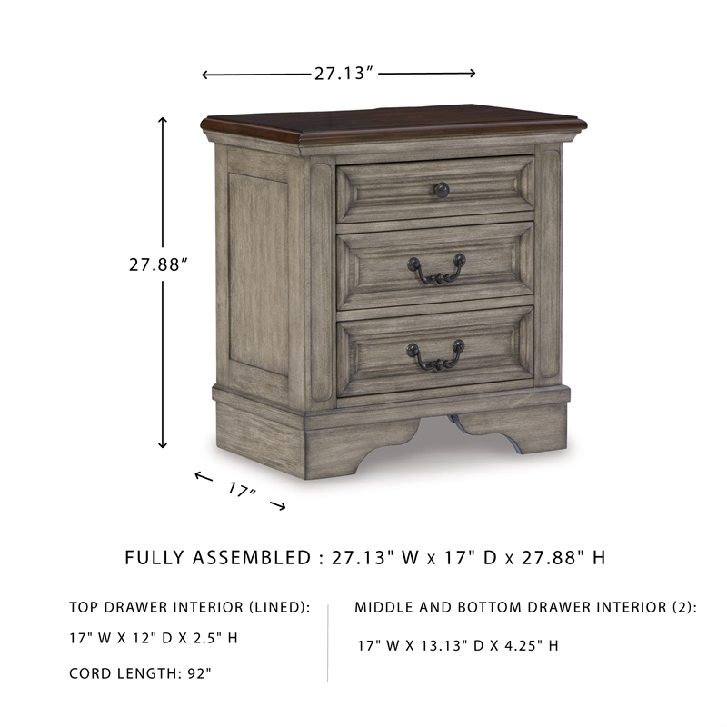 Ashley Furniture Lodenbay 3-Drawer Wood Nightstand in Antiqued Gray & Brown