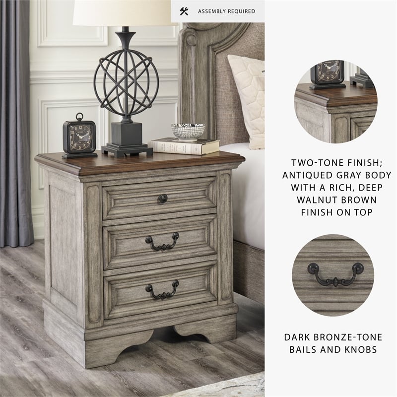 Ashley Furniture Lodenbay 3-Drawer Wood Nightstand in Antiqued Gray & Brown