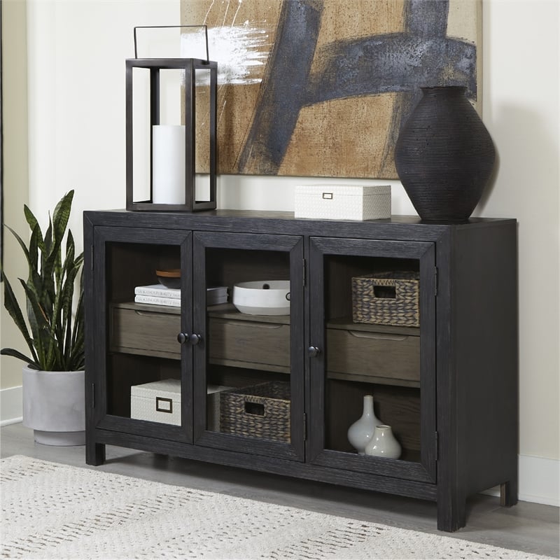 Signature Design by Ashley Lenston 3-Door Wood Accent Cabinet in Black/Warm Gray