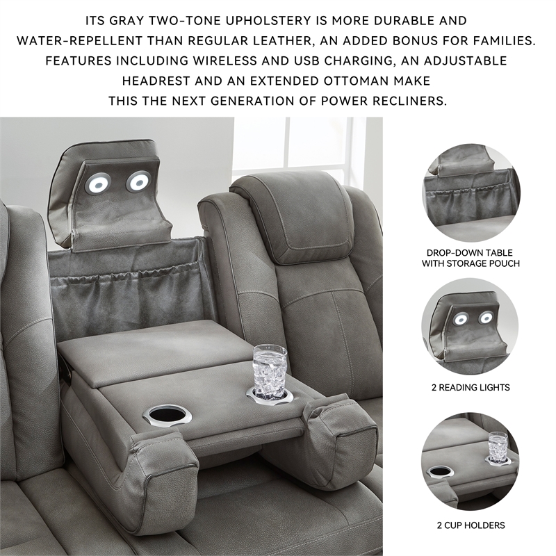 Ashley Furniture Next-Gen DuraPella Faux Leather Power Reclining Sofa in Gray