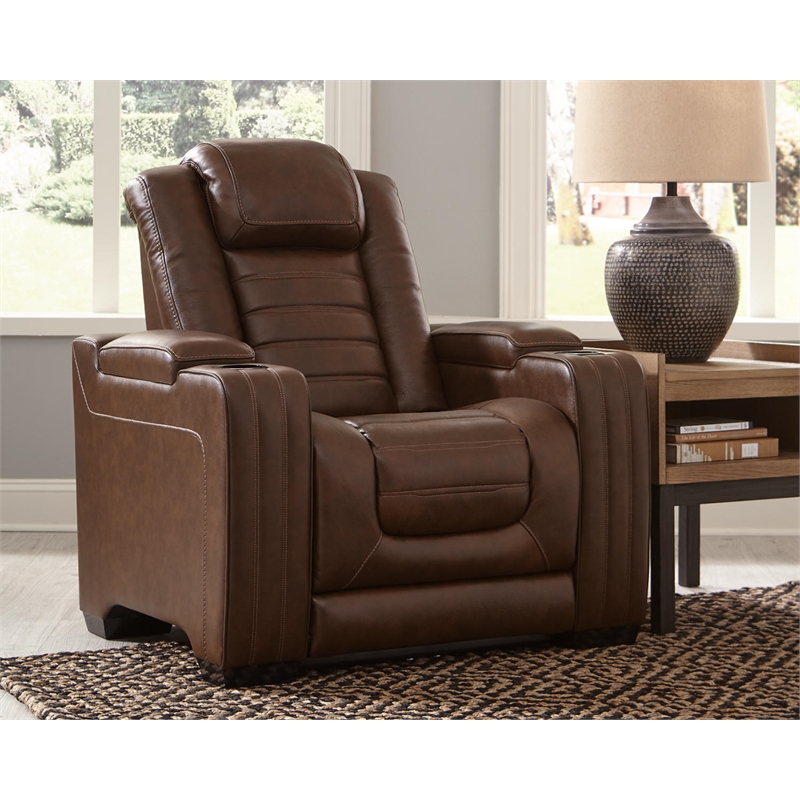 Ashley Furniture Backtrack Leather Power Recliner with Headrest in Chocolate