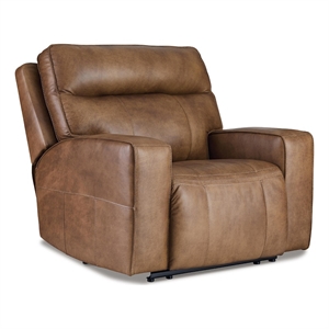 signature design by ashley game plan wide seat leather power recliner in caramel