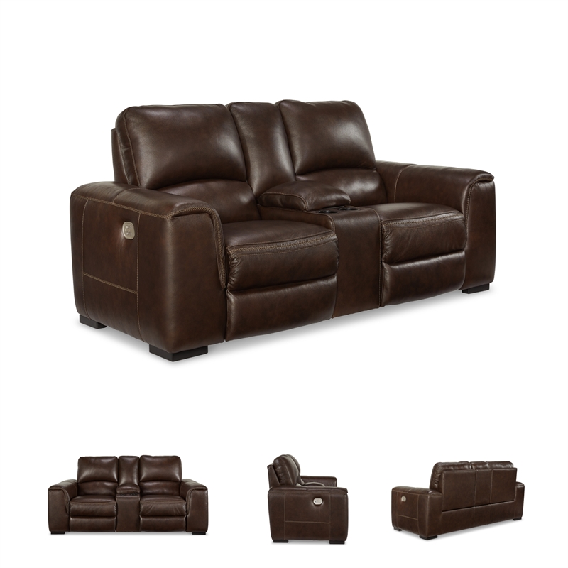 Signature Design by Ashley Alessandro Leather Power Reclining Loveseat in Walnut