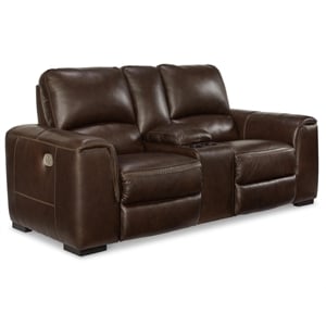 Signature Design by Ashley Alessandro Leather Power Reclining Loveseat in Walnut