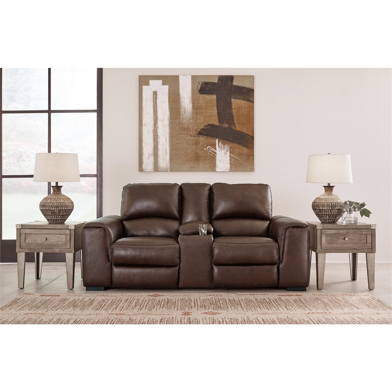Signature Design by Ashley Alessandro Leather Power Reclining Loveseat in Walnut