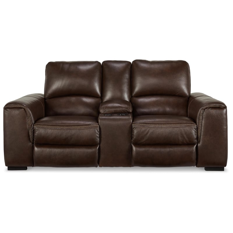 Signature Design by Ashley Alessandro Leather Power Reclining Loveseat in Walnut