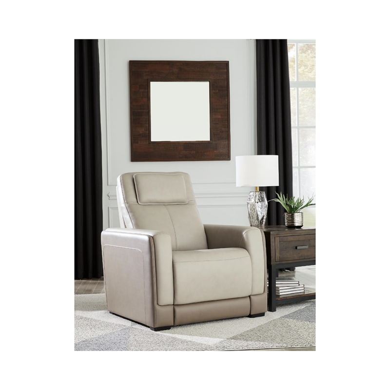 Ashley Furniture Battleville Leather Power Recliner with Headrest in Beige