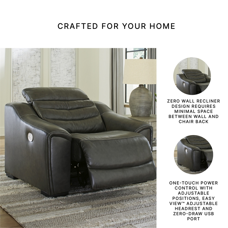 Ashley Furniture Center Line Leather Power Recliner with Headrest in Gray