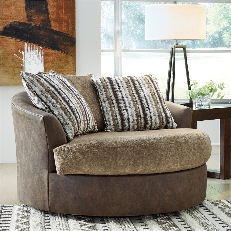 Ashley Furniture Alesbury Oversized Faux Leather Swivel Accent Chair in Brown