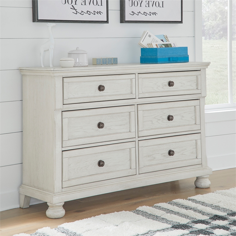 Ashley Furniture Robbinsdale 6-Drawer Wood Dresser in Antiqued White