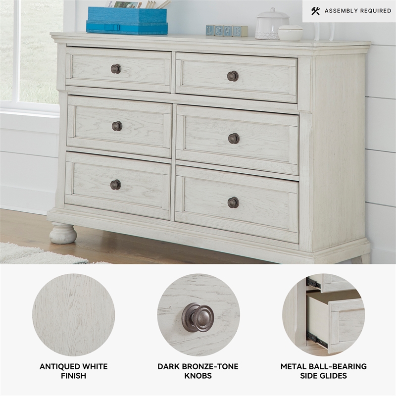 Ashley Furniture Robbinsdale 6-Drawer Wood Dresser in Antiqued White