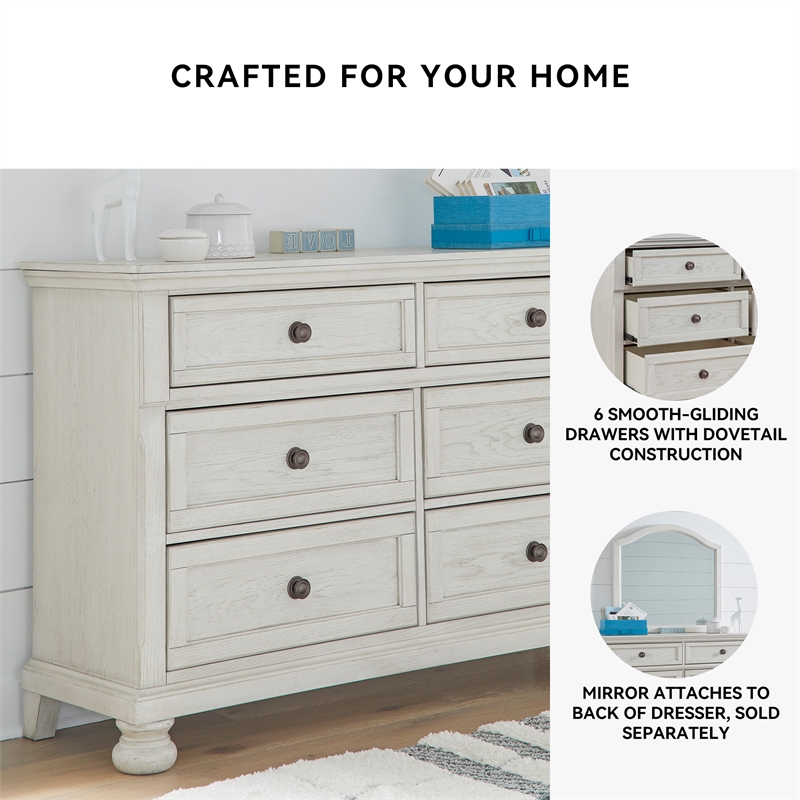 Ashley Furniture Robbinsdale 6-Drawer Wood Dresser in Antiqued White
