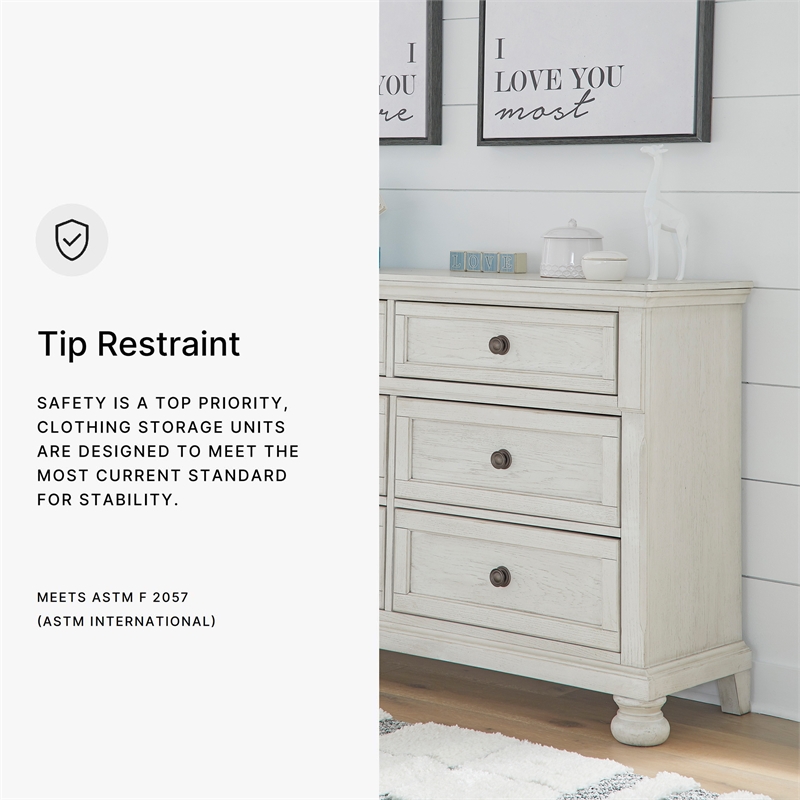 Ashley Furniture Robbinsdale 6-Drawer Wood Dresser in Antiqued White
