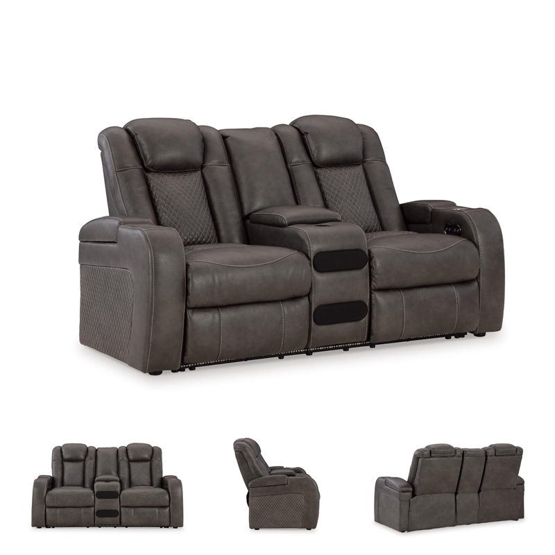 Ashley Furniture Fyne-Dyme Dark Gray Power Reclining Loveseat with Console