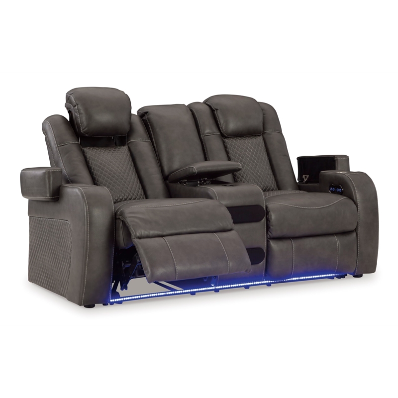 Ashley Furniture Fyne-Dyme Dark Gray Power Reclining Loveseat with Console