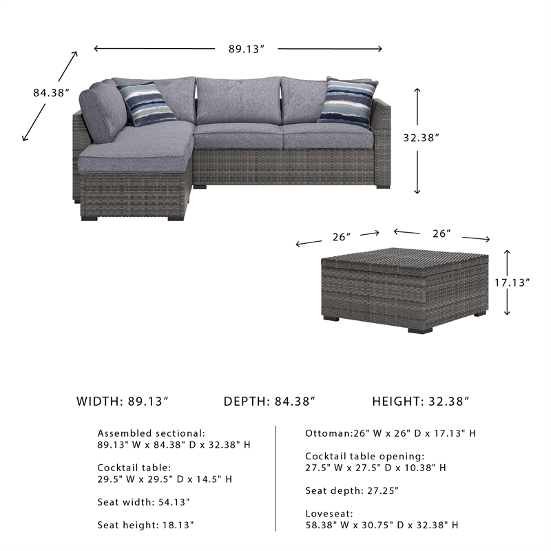 Ashley Furniture Petal Road Gray Outdoor Sectional/Ottoman/Table Set - Set of 4