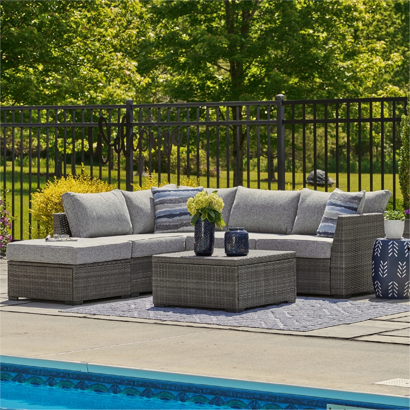 Ashley Furniture Petal Road Gray Outdoor Sectional/Ottoman/Table Set - Set of 4