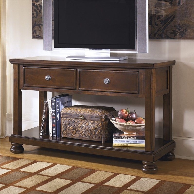 Ashley Furniture Porter 2 Drawer Console Table in Rustic Brown