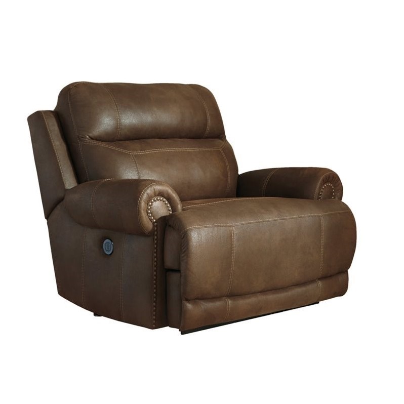 Ashley Austere Faux Leather Power Zero Wall Wide Recliner in Brown 3840082