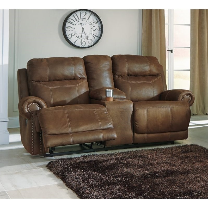 Ashley Austere Reclining Faux Leather Console Loveseat in Brown 3840094