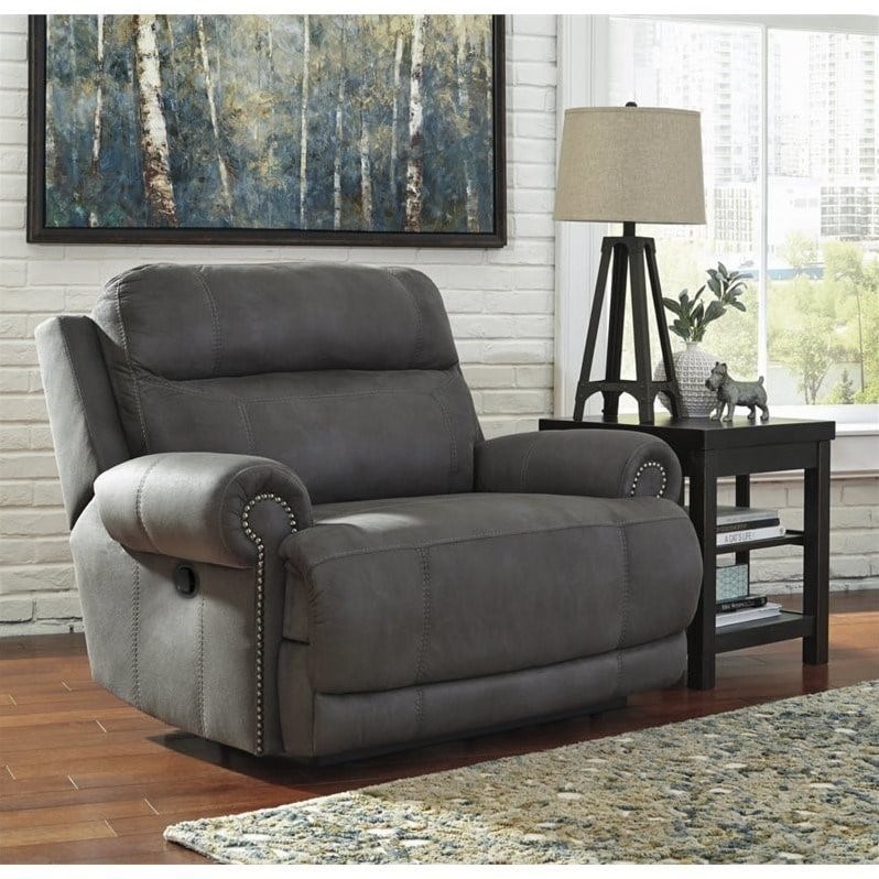 Signature Design by Ashley Austere Faux Leather Zero Wall Recliner in Gray