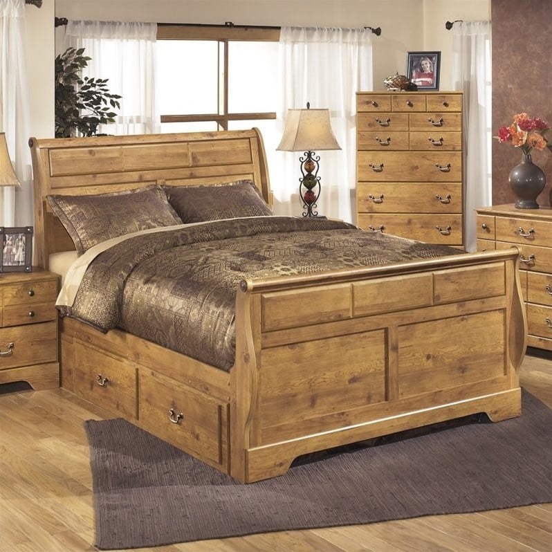 Ashley Bittersweet Wood Queen Drawer Sleigh Bed in Light Brown - B219