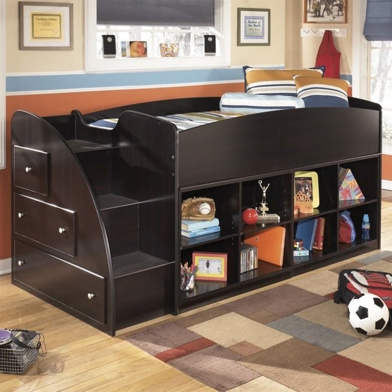 Ashley Embrace 8 Cubby 3 Drawer Wood Twin Left Loft Bed in Merlot