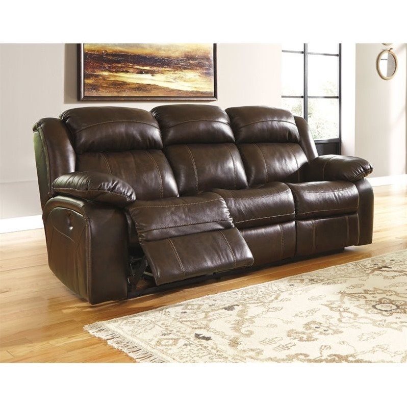 Ashley Branton Leather Power Reclining Sofa in Antique - U7190187
