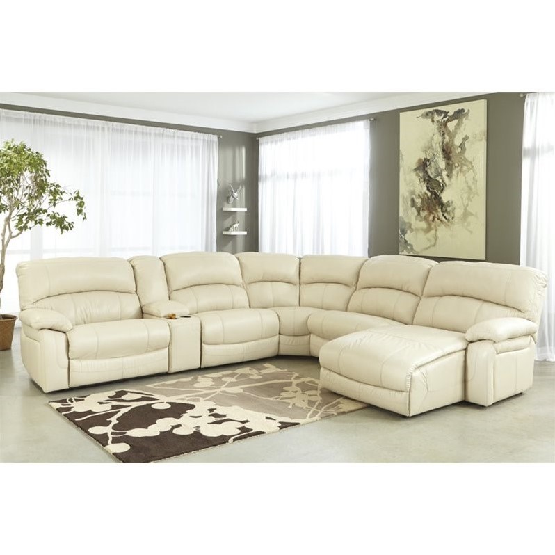 Ashley Damacio 6 Piece Leather Right Power Console Sectional in Cream