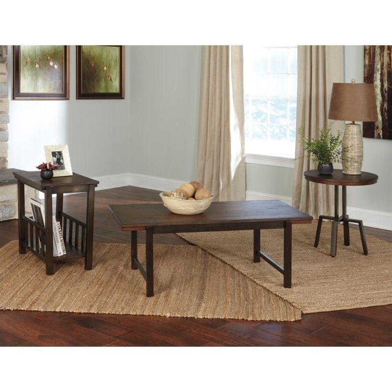 Ashley Riggerton 3 Piece Coffee Table Set in Burnished Brown - T212-13 Ashley Riggerton 3 Piece Coffee Table Set in Burnished Brown - T212-13