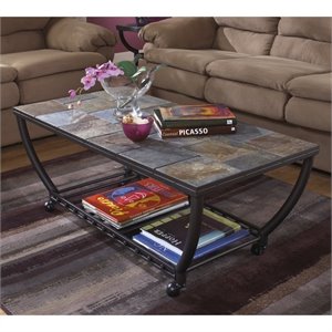 Ashley Antigo Slate Tile Rectangular Coffee Table and Casters in Black