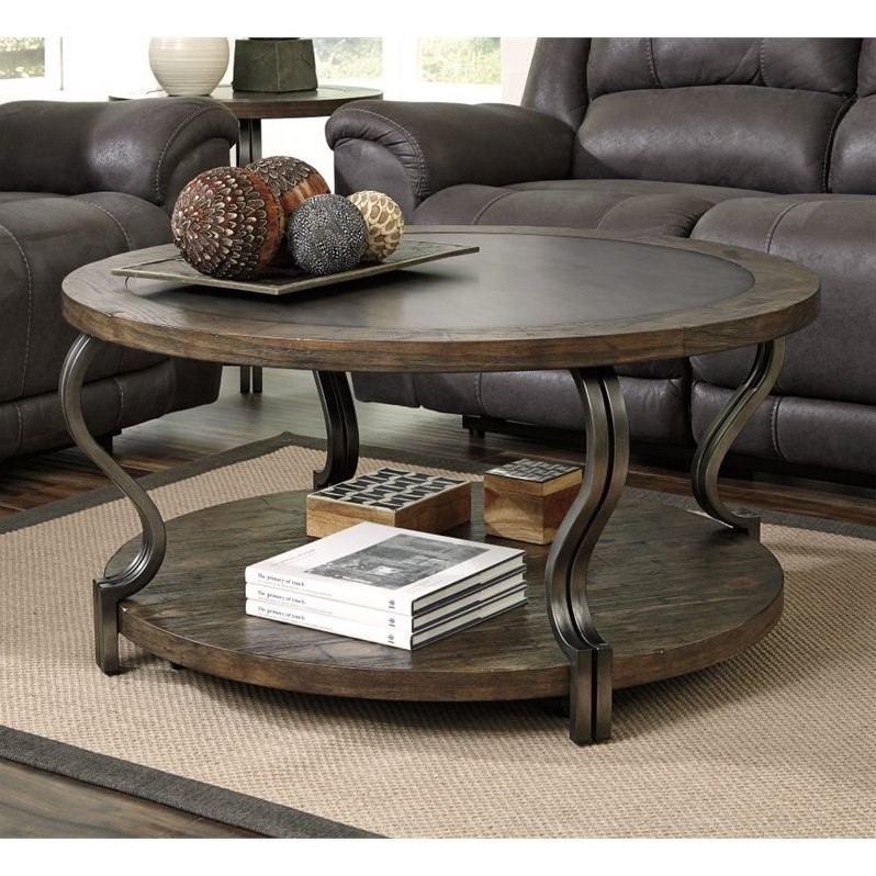 Ashley Volanta Round Coffee Table with Metal Inset in Caramel - T739-8