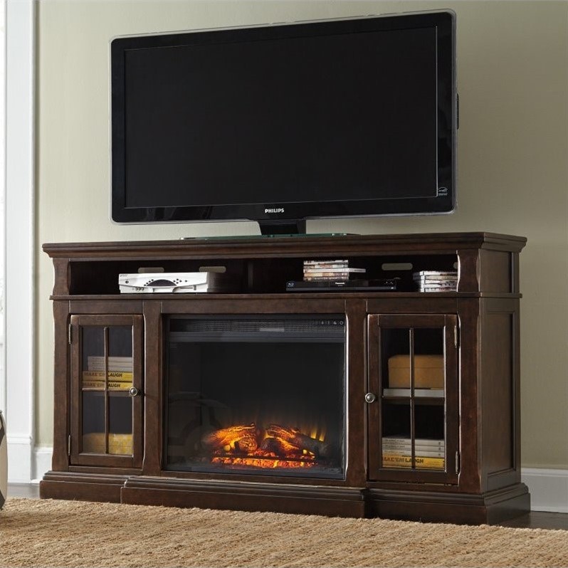 Ashley Roddinton 74" TV Stand with Wide LED Fireplace in Dark Brown