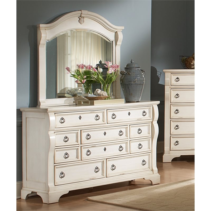Heirloom Antique White 10 Drawer Triple Dresser and Mirror 2910TDLM