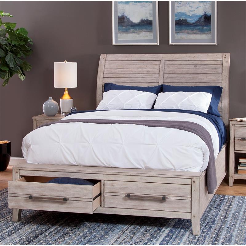 American Woodcrafters Aurora White-washed Wood Queen Sleigh Storage Bed