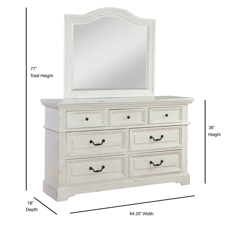 American Woodcrafters Stonebrook Antique White Wood Dresser and Mirror