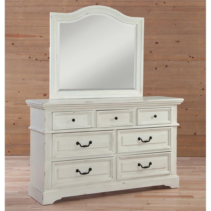 American Woodcrafters Stonebrook Antique White Wood Dresser and Mirror