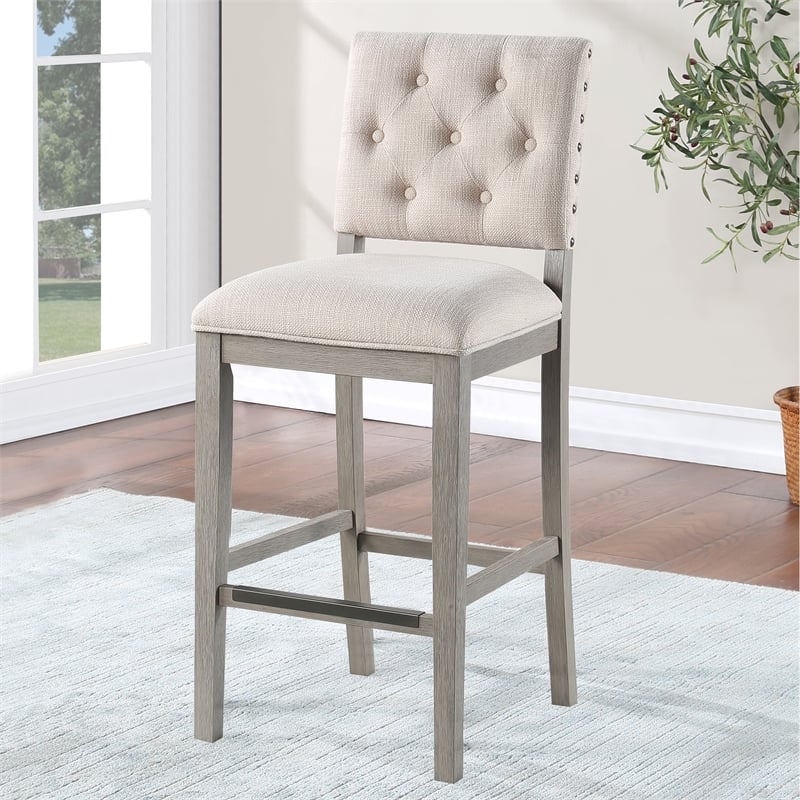 Ellesse Driftwood Gray Wood Frame Button Tufted Fabric Upholstered Bar Stool