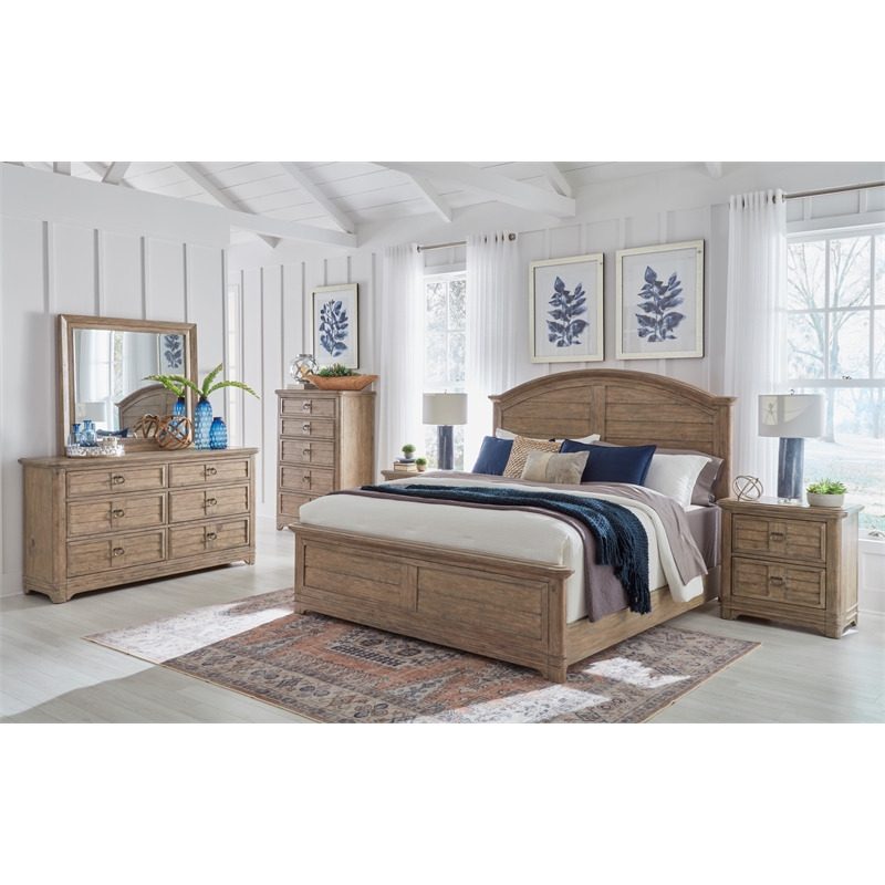 Meadowbrook Beige Antique Sand Wood Farmhouse King Size Arched Panel Bed