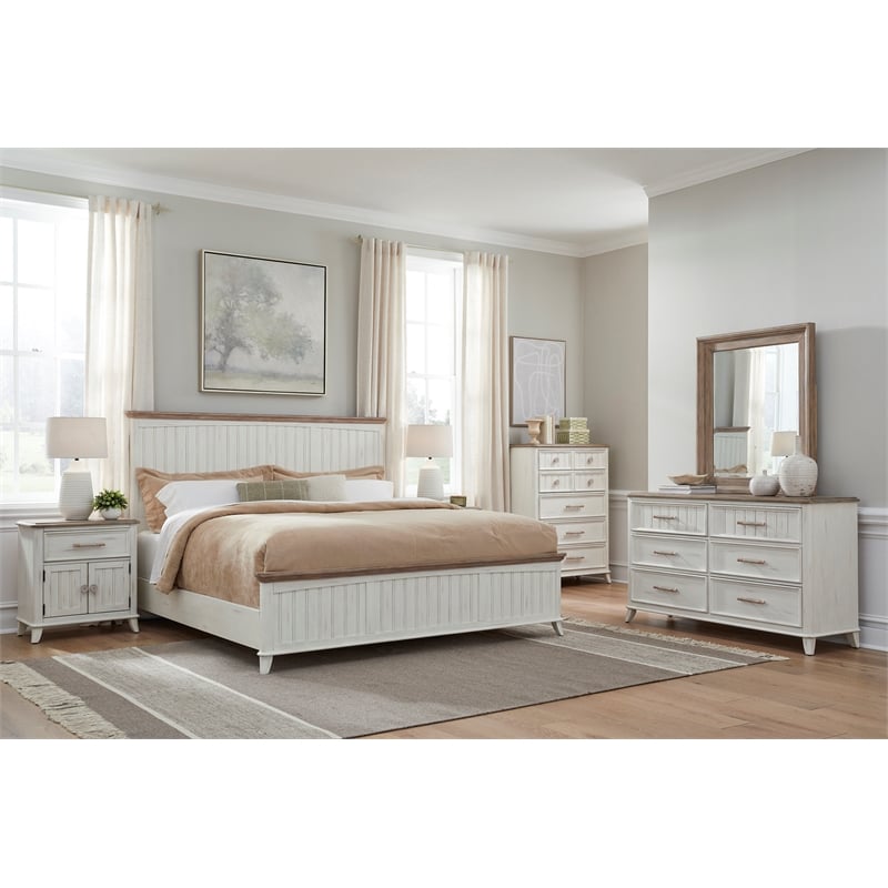 Beach Comber King Panel Bed - Weathered White - Sand Top