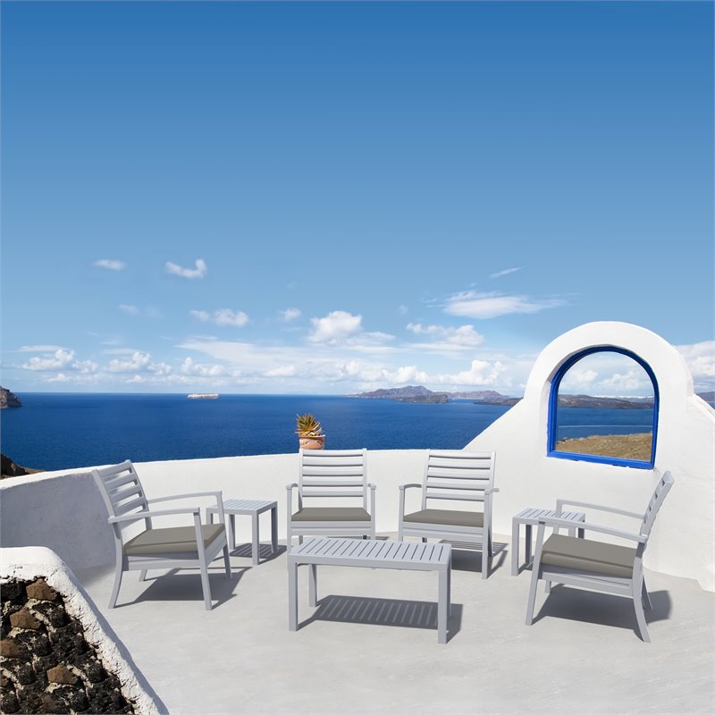 Artemis XL Club 7 Piece Patio Set in Silver with Acrylic Fabric Taupe Cushions