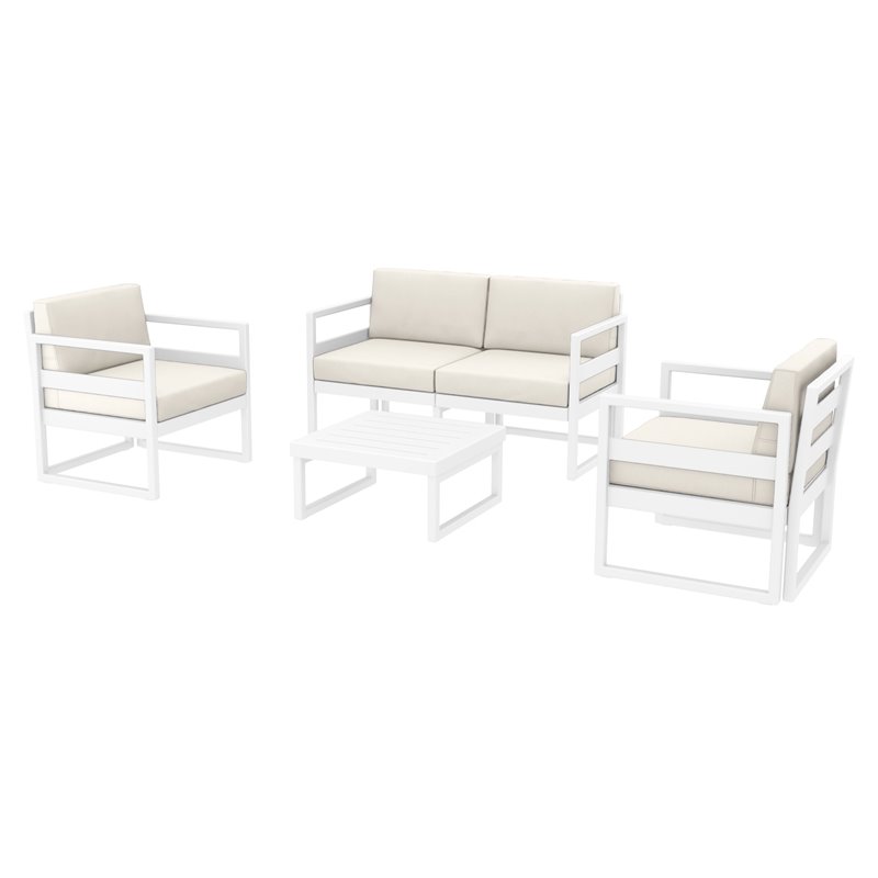Compamia Mykonos 4 Person White Lounge Set with Acrylic Fabric Natural Cushions