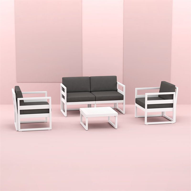 Mykonos 4 Person White Lounge Set with Acrylic Fabric Charcoal Cushions