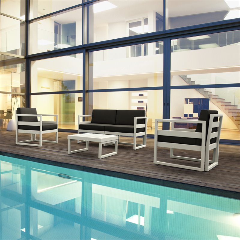 Mykonos 4 Person White Lounge Set with Acrylic Fabric Charcoal Cushions